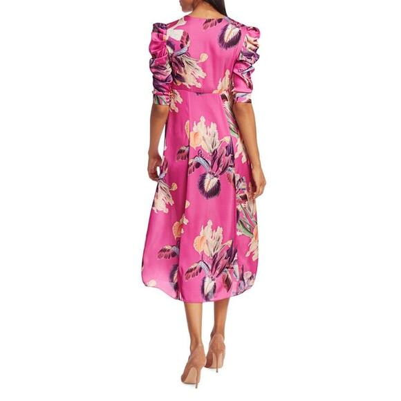 Pat Bo Grace Pink Floral Print Puff-Sleeve Midi Dress Size 0 - Picture 2 of 7